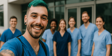 Pflegekraft macht Selfie mit Kollegen